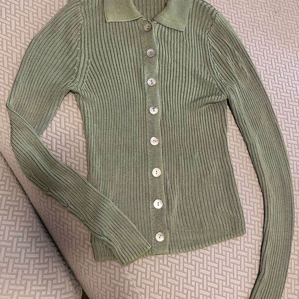 Vince Green Ribbed Collared Cardigan - Picture 5 of 7